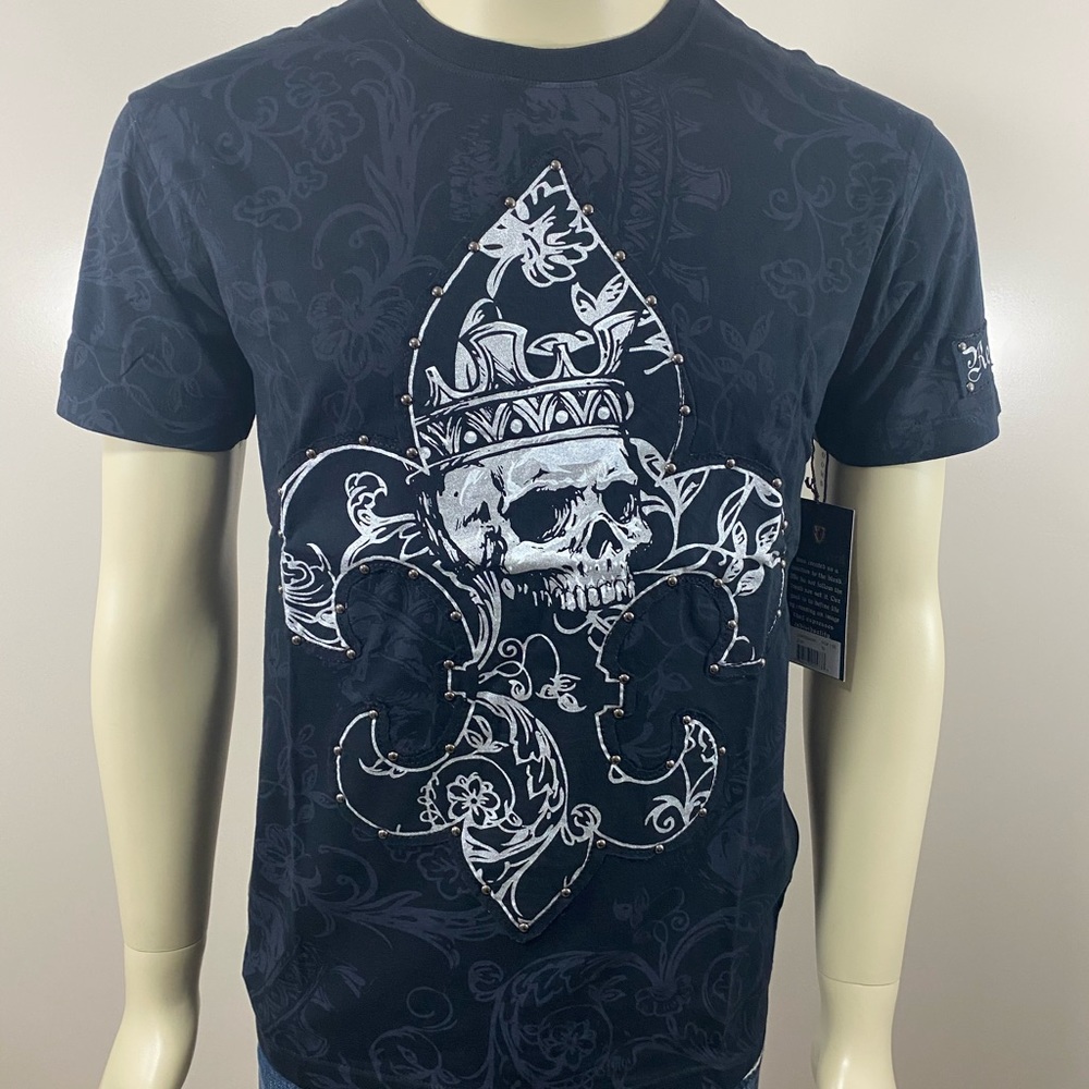 Rebel Spirit Black Skull King Fleur De Lis Short Sleeve Shirt Studded